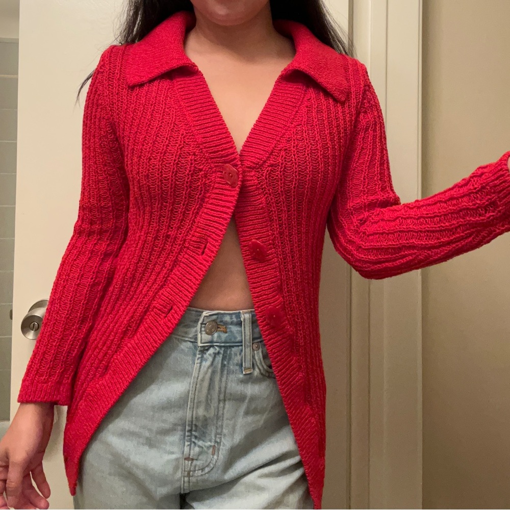 H&M Red Open Knit Cotton Blend Collared Button Down Long Cardigan size XS